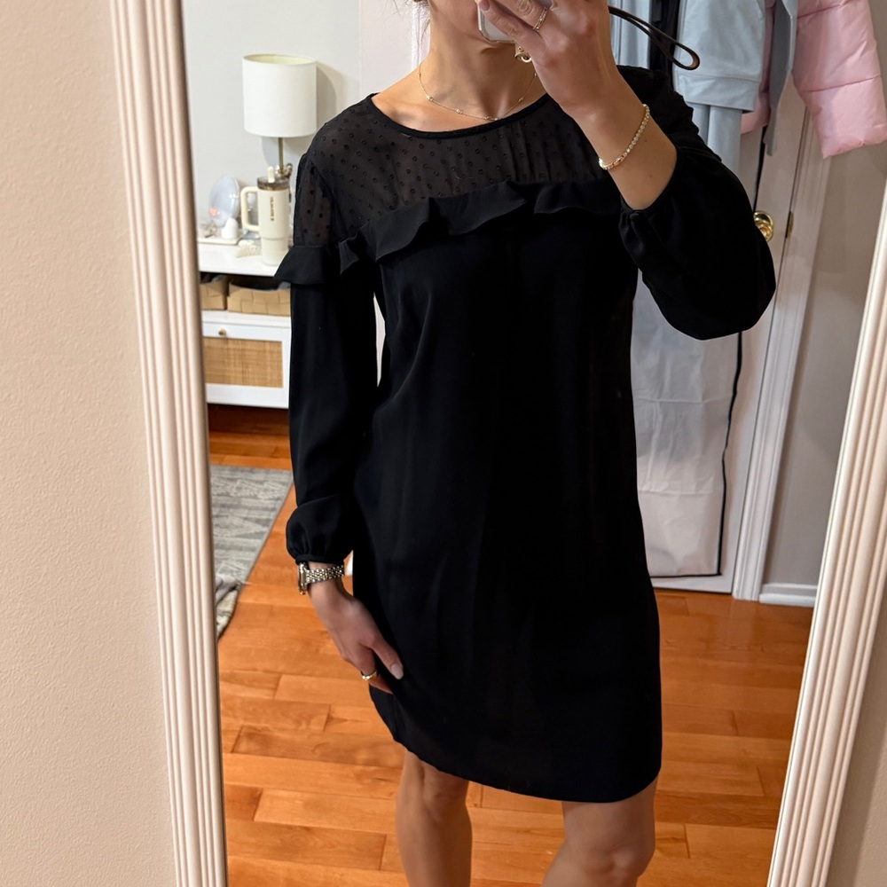 LOFT Black Long Sleeve Dress with mesh polka dot and Ruffle Detail